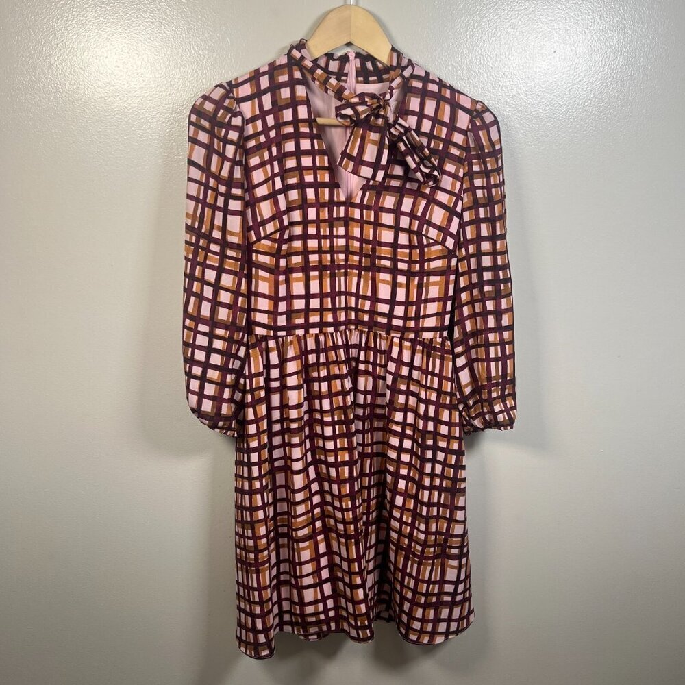 Gal Meets Glam Lindsey Windowpane Dress Size 0 Tie Neck Twee Work Office Preppy - Picture 2 of 12